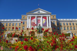 UW-Madison, Bascom Hall, Abe Lincoln statue, red flowers, W crest, University of Wisconsin