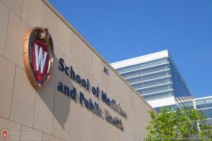 University of Wisconsin Crest and sign spelling out 'School of Medicine and Public Health', University of Wisconsin, Madison, Ebling Library, SMPH, Health Sciences Learning Center, HSLC, UW-Madison, University of Wisconsin, Architecture, West Campus