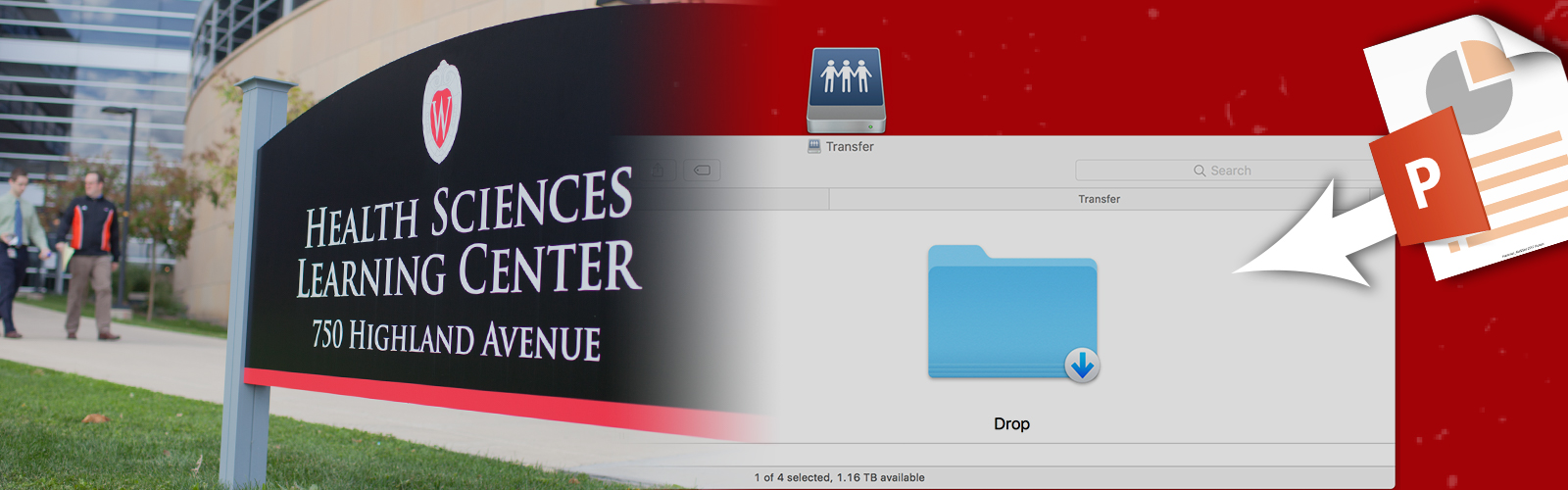 Hero image for 'File Transfer':File on desktop being uploaded to server, also showing entrance to physical office.