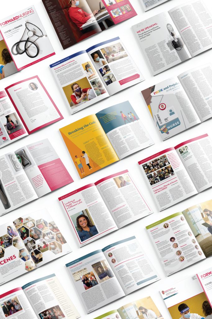 Composite image of multiple spreads of the Spring 2021 ForwardNursing magazine