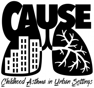 Logo for 'CAUSE': Childhood Asthma in Urban Settings with illustratino of lungs, urban bldgs and lung branches in black and white