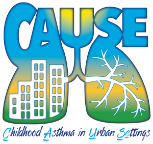 Logo for 'CAUSE': Childhood Asthma in Urban Settings with illustratino of lungs, urban bldgs and lung branches in blue, yellow and green