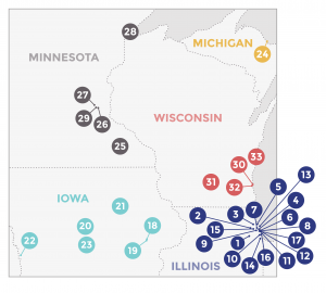 map of Wisconsin and nearby states with call-out numbers