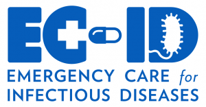 EC-ID logo features bacteria icon and medical symbol and capsule icon along with text Emergency Care for Infectious Diseases. This is the blue version