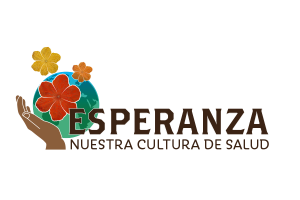 Logo for Esperanza--a website--features illustration of hand cupping the world and flowers and the logo/text: Esperanza: Nuestra Cultura de Salud