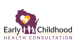 Logo for 'Early Childhood Health Consultation' featuring clasped hands, a heart and the silhuoette of the state of Wisconsin