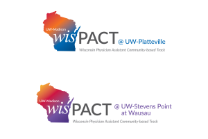 WisPACT logo: customization for 2 separate campuses: State of Wisconsin silhouette with logo name and UW Platteville an UW Stevens Point at Wausau campuses shows