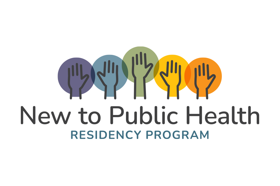Logo for New to Public Health featuring illustration of hands in multi-colored circles and text: New to Public Health Residency Program, media solutions, branding, id, logo