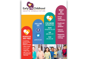 Brightly colored flier with photo of smiling/running children in hallway and text explaining the offerings/services of Early Childhood Health Consultation