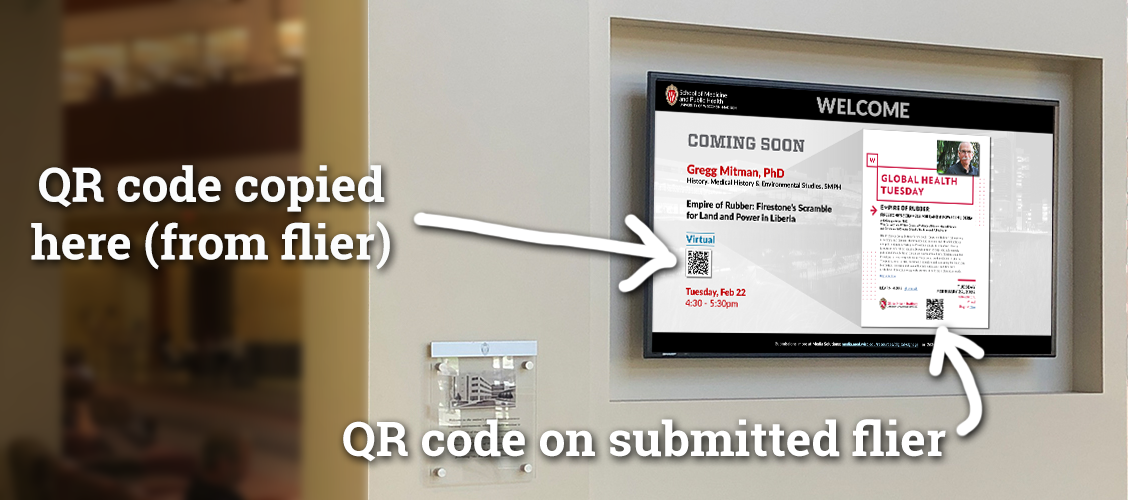 Digital signage with QR code on event flier/digital screen