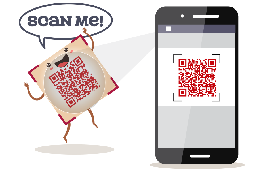 Cartoon QR code friend exclaims 'Scan me!' and shows phone scanning our friend