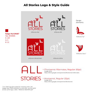 Style Guide for 'All Stories' logo shows different iterations fo the logo and symbols in red, white and black