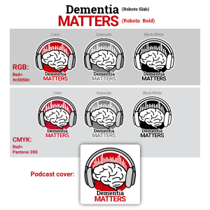 'Dementia Matters' logo and Style Guide showing different iterations of brain with headphones and 'Dementia Matters' text