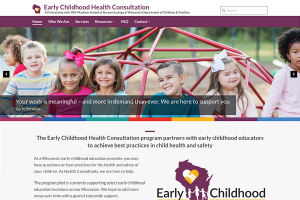 Screenshot of ECHC website featuring children smiling on a playground with colored bars below them and the ECHC logo (burgundy state of Wisconsin with 'Early Childhood Health Consultation' text)