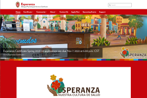 Screenshot of Esperanza website homepage shows logo of flowers and hands plus hero image shows bright colors of interior of Centro Hispano