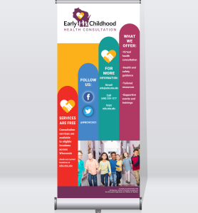 ECHC retractable banner: logos and bright colors and photo of young children laughing and running