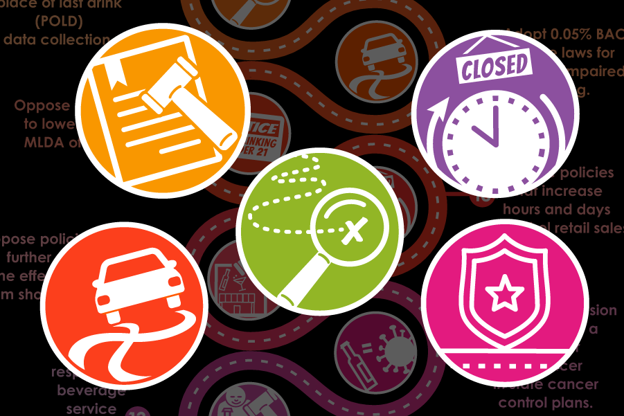 Brightly colored icons from infographic about alcohol safety includes: swerving car, magnifying glass, authority badge, gavel and law, closed sign