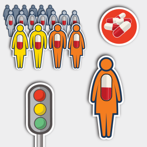 icons of people and antibiotics, capsules, and a stop sign in bright colors of yellow, orange, red and green