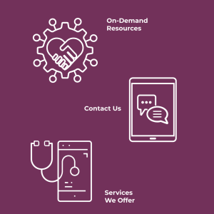 Icons/symbols (white on dark magenta background) visually convey ideas such as On-Demand Resources (handshake and heart), Contact us (mobile screen with chat balloons), and Services we offer (smartphone with stethoscope coming out)