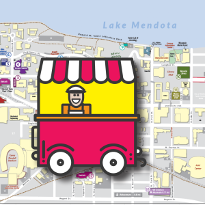 icon/symbol of food cart: bright pink and yellow food cart with smiling server overlying a map faded out below
