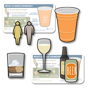 stylized/simplified illustrations and icons of people, an orange plastic cup, beer can and bottle, glass of wine, and liquor glass