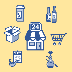 dark blue and white icons/symbols on dark cream background. Symbols of Rx Bottle, alcohol, open box, 24hr awning/shop, grocery cart, pipe and cigarettes, hookah